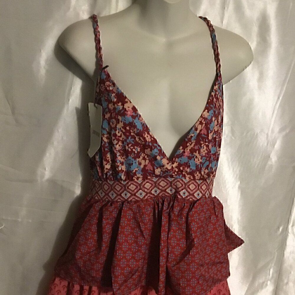 Floral Burgundy Crossback Strap Plunge Tier Ruffle Layer Vintage Maxi Dress L - Picture 14 of 16